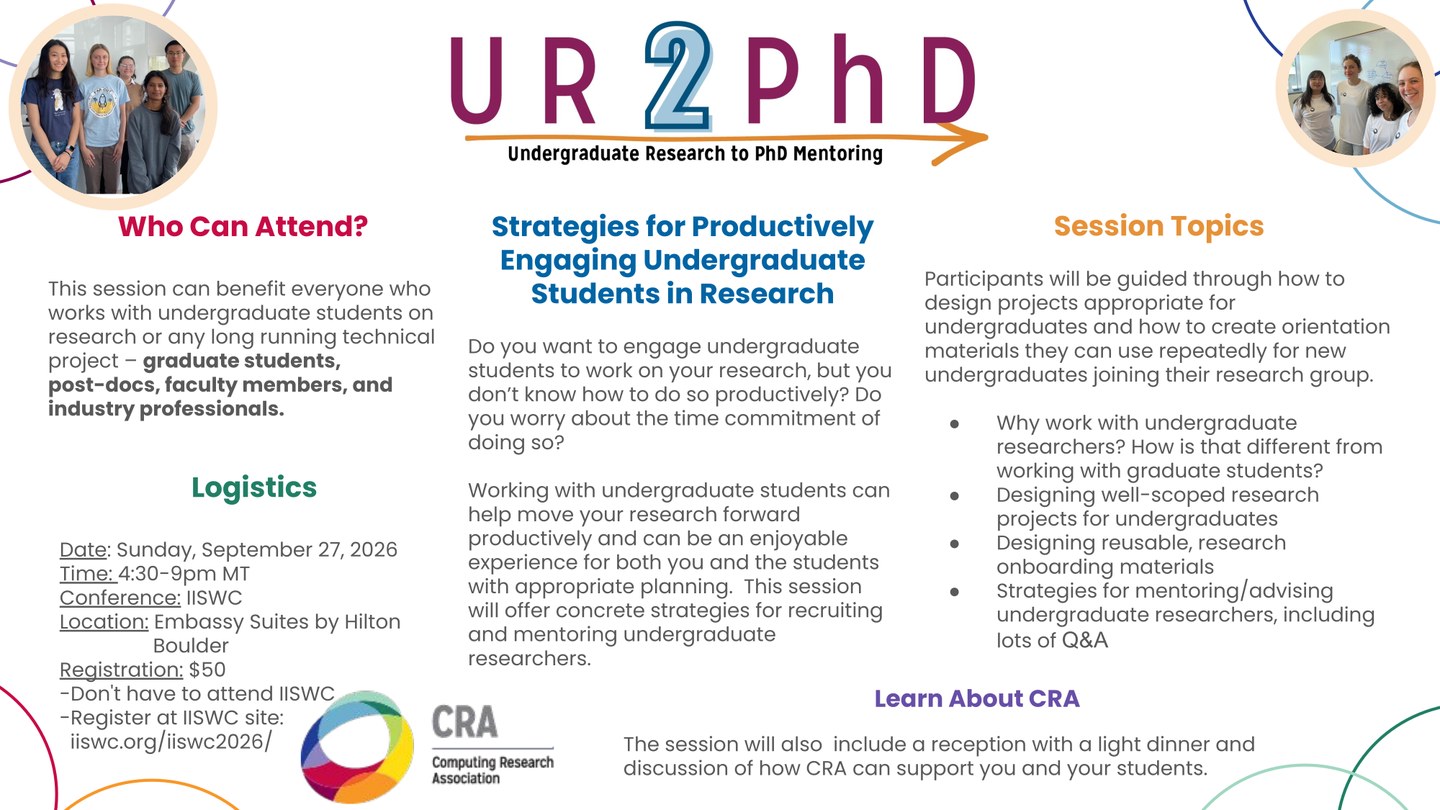 UR2PhD flyer for Strategies for Productively Engaging Undergraduate Students in Research. Sunday, September 27, 2026, 4:30-9:00 PM MT at Embassy Suites by Hilton Boulder. Registration $50; you do not need to attend IISWC to attend this session.